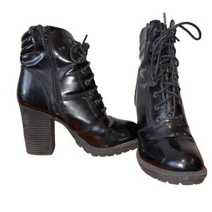 Just Fab Pembe Black Leather Lace Up Ankle Boots Chunky Heel Combat Style